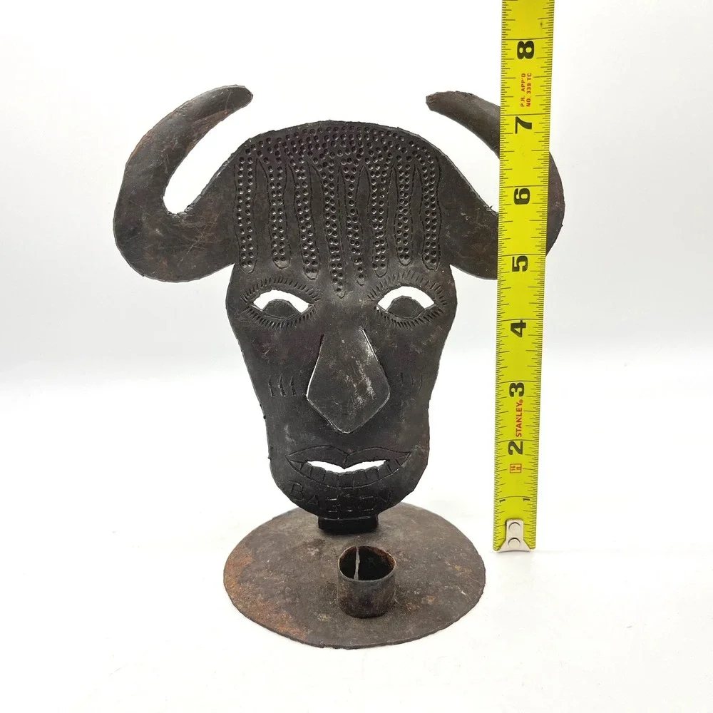Vintage Tribal Mask Metal Candle Holder Brutalist Horned Folk Art Sculpture
